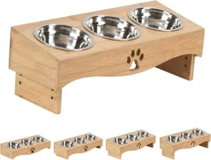 Elevated Cat Food Bowls, 3 Stainless Pet Dishes Bowls with Wooden Stand, Raised - Picture 1 of 8