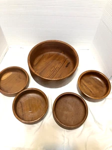 VINTAGE MCM WINESOME 5 PC TEAK SALAD BOWL SET BEAUTIFUL WOOD NEW OLD STOCK - Picture 1 of 5