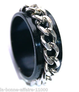 BAGUE NOIR ANTI STRESS TOURNANTE CHAINE ACIER INOXIDABLE UNISEXE ACIER BIKER - Picture 1 of 3
