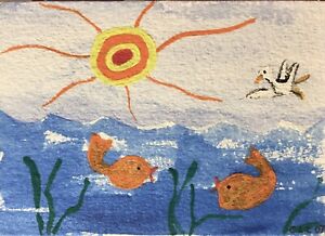 Original ACEO Painting Fish Bird Sun Seascape Landscape Water Ocean Artwork