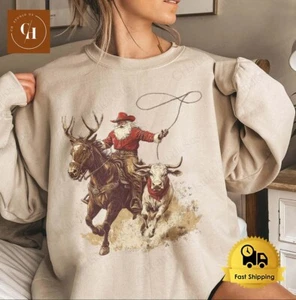 Cowboy Santa Western Roping Christmas Sweatshirt, Vintage Country Christmas - Picture 1 of 9