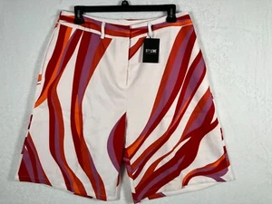 Styleme White Shorts Red Print Plus Size 2XL High Rise Pockets 10" Inseam NEW - Picture 1 of 11