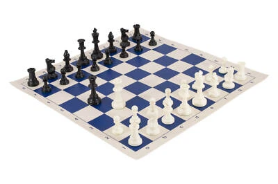 Tournament Chess Pieces & Chess Board Combo - SOLID PLASTIC - Blue & Buff Vinyl - Image 1 of 2