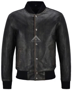 Mens Varsity Leather Jacket Black Classic Bomber Baseball Real Leather Jacket - Picture 1 of 11