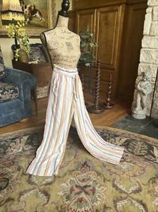 Ivory Rust Paper bag Linen Pants Wide Leg Beach Stripe Pockets Coastal M - Picture 1 of 12
