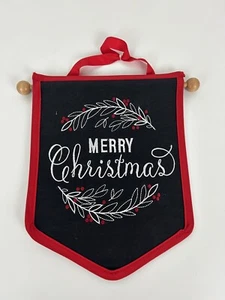 Merry Christmas Banner Black Red White Wood Rod 13"x10" Holiday Wall Decoration - Picture 1 of 3