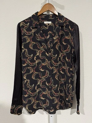 Blusa Equipment Mujer S Seda Patrón Jacquard Negro Dorado Manga Larga Foto 1 de 4