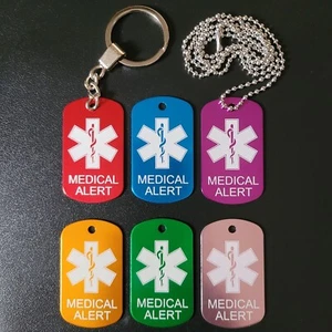 Personalised Medical Alert ID Tag ICE Necklace Keyring -6 COLOURS -FREE GIFT BAG - Picture 1 of 10