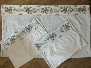 VTG Blue With Floral Trim Double Size Flat Sheet 2 Pillowcases Springmaid READ - Picture 1 of 15