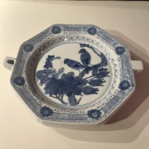 Vintage 9,5" achteckige chinesische blau & weiß Porzellan Wärmeplatte Schale mit Vögeln Kunst - Bild 1 von 2