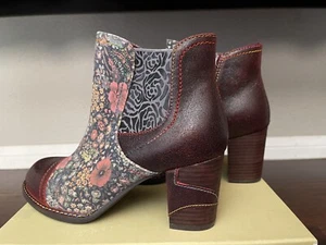 L’Artiste Bordeaux Red Floral Leather Ankle Boots 38 7.5 8 Spring Step Melvina - Picture 1 of 14
