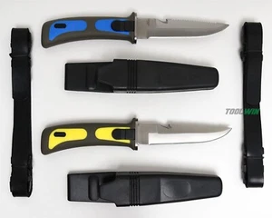 2 Scuba Diving Knives w/ Sheaths Leg Arm Straps Divers Knife Set Blue & Yellow - Picture 1 of 6