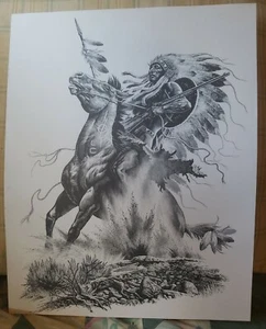 Vintage Wall Poster "War Chief" 1975 Bill O'Neill Black/White Pen & Ink 11"x 14" - Picture 1 of 4
