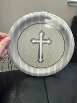 Devotion 8-3/4" Plates Paper 8ct.  Divinity Silver Religious Party Tableware New - Image 1 of 2