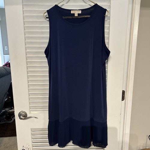 Abito midi donna senza maniche Michael Kors blu navy dritto con pieghe su orlo 8"" SM
