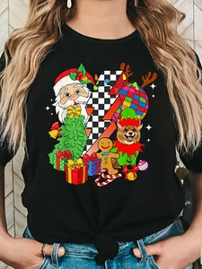 Women's Festive Santa & Plaid Print T-Shirt - Casual Crew Neck, Short Sleeve Top - Picture 1 of 12