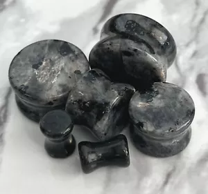 PAIR Natural Black Labradorite Stone Double Flare Plugs Tunnels Earlets Gauges - Picture 1 of 7