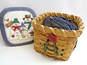 Snowman Christmas Wicker Basket Coaster Fabric top Material Coasters Blue Stars - Picture 1 of 11