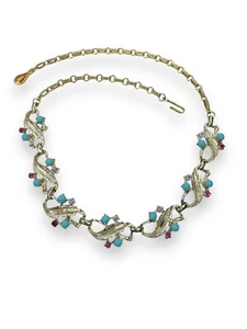 Vintage Gold-Tone Necklace With Pink & AB Crystals Teal Acrylic Beads Adjustable - Picture 1 of 8