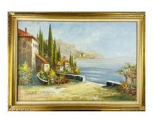 BRIAN ROCHE Vintage Mediterranean Village Cityscape Acrylic on Canvas - Picture 1 of 9