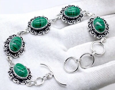 Pulsera de plata de ley 925 con piedras preciosas de malaquita hecha a mano para joyería tamaño-7-8" Foto 1 de 4