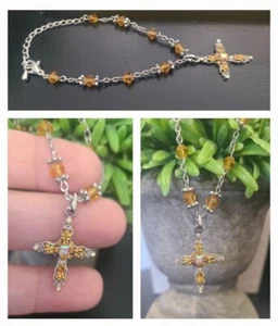 Childrens Silver & Orange Rhinestones Cross Dangle Charm Bracelet - Picture 1 of 4