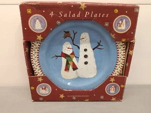 Set of 4 Debbie Mumm SNOWMAN 8" Salad / Dessert Plates 1997 Sakura - New - Picture 1 of 4