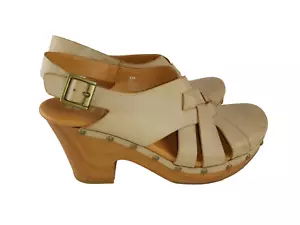 Korks Women Clogs Sandals Beige Leather Slingback Round Toe Studded Block Heel 8 - Picture 1 of 12