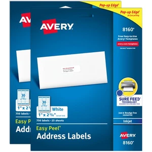 Etiquetas de dirección Avery Easy Peel Sure Feed 1"x2-5/8" blancas 1500 envío en blanco (2-P - Imagen 1 de 8