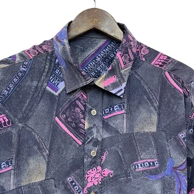 Valentino Vtg Mens Size 5 Blue/Pink Abstract Geometric Floral Silk S/S Shirt euc - Image 1 of 4