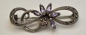 Spilla spilla vintage in argento sterling 925 ametista e marcasite - Foto 1 di 10