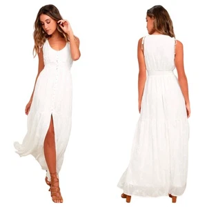 Lulus Dress Time Well Spent Maxi Embroidered Button Sleeveless White XL NEW - Picture 1 of 10