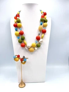 Vintage West Germany Schmuckset bunte Perlenkette & Clip Ohrringe 50er Jahre - Bild 1 von 9