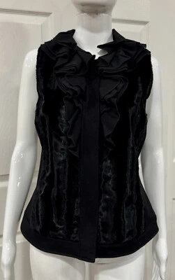 New $150 Alfani Black Ruffle Faux Fur Trim  Vest Coat Jacket Top Xs Sleeveless - Image 1 of 4