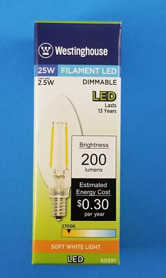  1- 6 pack Westinghouse 2.5B11 Filament LED Dimmable Clear Candelabra Base 2700k - Image 1 of 4