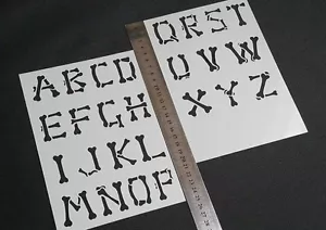 Set Lettere Alfabeto OSSA Aerografia Mylar Stencil Riutilizzabili Teschio Testo Spaventoso - Foto 1 di 3
