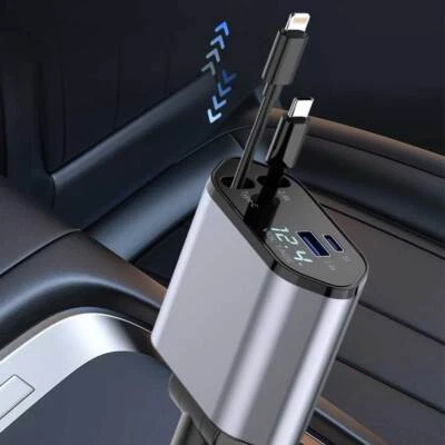 Cable retráctil 4 en 1 doble puerto USB C PD cargador de teléfono para automóvil adaptador accesorios Foto 1 de 4