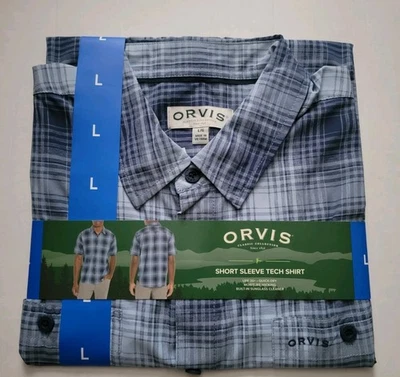 New Orvis Men's Short Sleeve Tech Button Shirt Plaid Blue Size Large ; UPF 30+ - Image 1 of 4