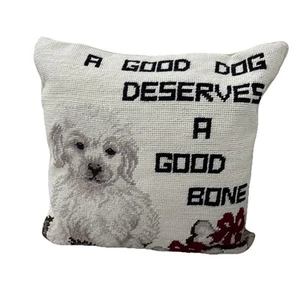 Needlepoint Decorative Throw Pillow Bishon Dog Terrier W/Bones & Bows 13”x13” - Picture 1 of 4