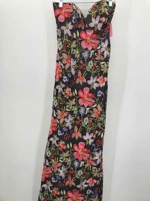 Maxi Vestido de Noche Jovani Negro Talla 10 Floral Sin Tirantes Usado Foto 1 de 3