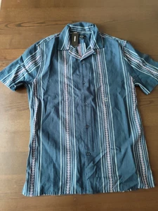 Express Men's Navy Blue Striped Embroidered Short Sleeve Shirt Size XS - Picture 1 of 5