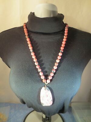 Vintage Antique Chinese Pink Rhodonite Shou 28  Bead Pendant Carved Necklace • 99.95$