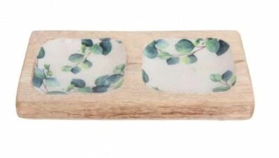 EUCALYPTUS  2 SNACK BOWLS NIBBLE DIP POTS  ON WOODEN SERVING BOARD TRAY - Image 1 of 2