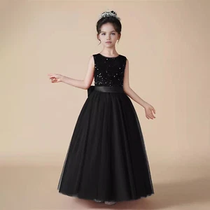 Niñas Moda Elegante Vestido de Boda Largo de Encaje Esponjoso Malla Princesa Vestido Negro - Imagen 1 de 5