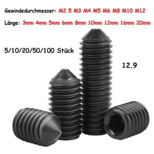M2.5 - M12 Gewindestifte Spitze 12.9 Innensechskant Madenschrauben Schwarz Stahl - Picture 1 of 7