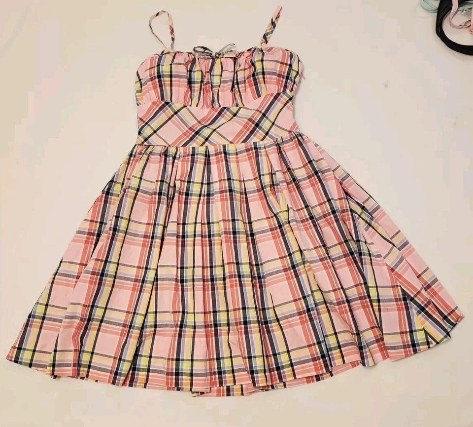 Vestido xadrez Chaps meninas tamanho 7 tiras rosa amarelo primavera preppy - Imagem 1 de 4