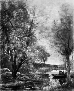 BARQUE sur un ETANG (Par COROT)  - Gravure d'art du 19e siècle - Picture 1 of 2