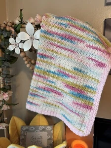Handmade Knit Crochet Baby Blanket Girl Crib Stroller Throw Square Shape - Picture 1 of 11