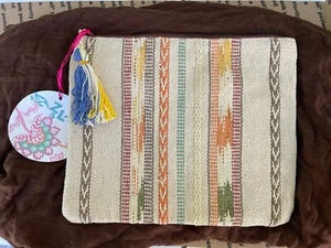 Z&L Anthropologie Beige Striped Clutch Purse Zipper Pouch Tassles READ* - Picture 1 of 9