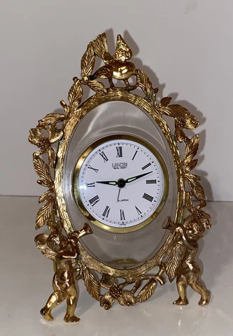 VINTAGE LANDEX ROYAL CRAFT GILT BRASS DESK BEDSIDE ALARM CLOCK WIND UP Cherubs Cover